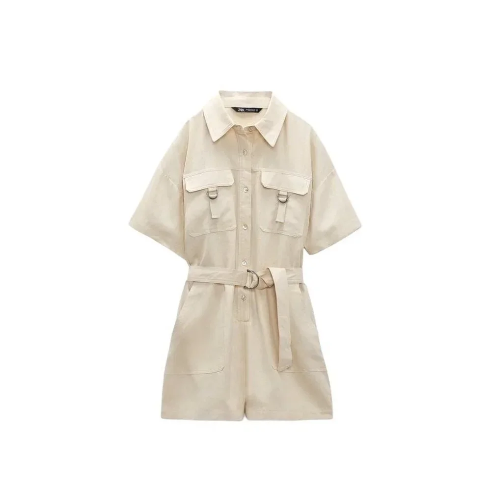 ZARA  SHORT JUMPSUIT WITH LINEN BELT CRUDE SIZE XL  | 8741/221 24
